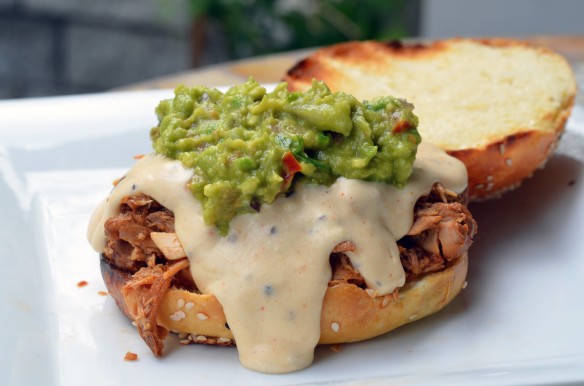 Shredded Salsa Chicken Sandwiches + Goat Cheese Queso & Bacon Guac