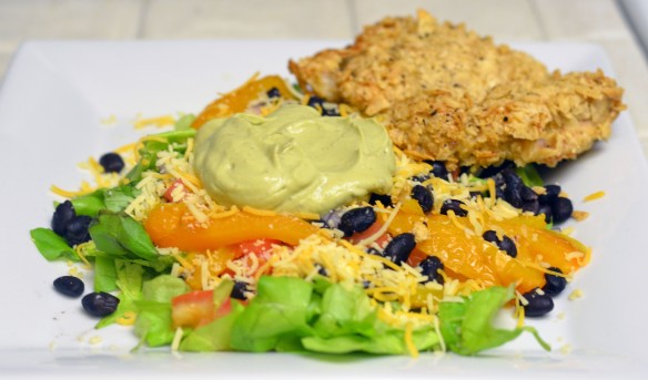 Tortilla Chip Crusted Chicken Taco Salad with Avocado Chipotle Dressing