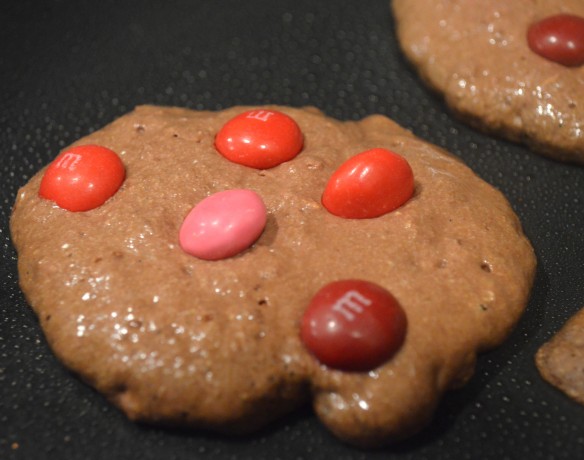 Chocolate Raspberry M&M Pancakes with Raspberry Sauce