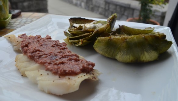 Mediterranean-Inspired Fish and Grilled Artichokes + Caper Aioli