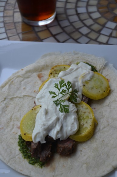 Skirt Steak & Squash Tacos with Goat Cheese & Chimichurri