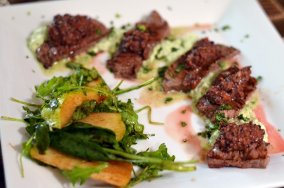 Beef Tenderloin with Tapenade & Basil Creme Fraiche + Pear Salad