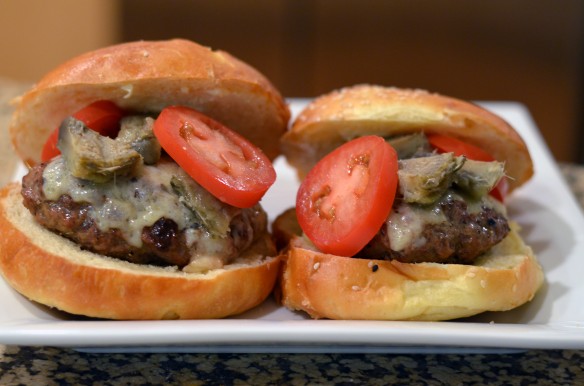 Rosemary and Roasted Garlic Burgers with Artichoke Hearts and Tomato