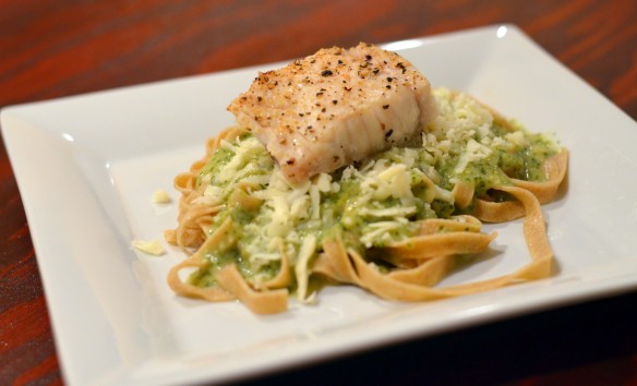 Halibut with Whole Wheat Pasta + Creamy Tomatillo Sauce