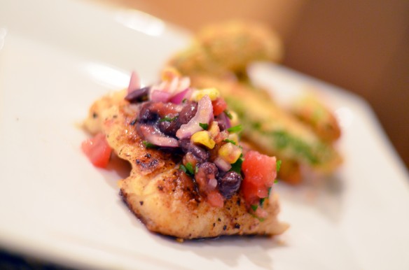 Halibut with Black Bean & Corn Salsa + Baked Avocado Fries