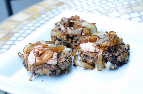 Black Bean Patties & Harissa Cream + Caramelized Balsamic Onions