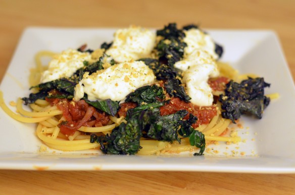 Squid Ragu, Kale, Burrata & Breadcrumbs