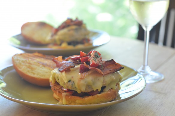Chicken Burgers with Brie + Balsamic Strawberries + Bacon + Basil