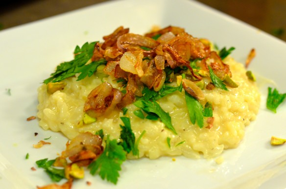 Pistachio Champagne Risotto with Crispy Shallots