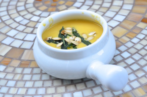 Creamy Amaretto Pumpkin Soup with Fried Sage